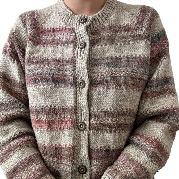 Hand Knit Womens Pastel 100% Wool Crew Neck Striped Hippie Rainbow Cardigan sz L - Picture 2 of 7